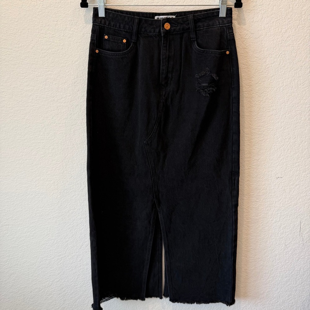 Bayeas Black Distressed Denim Midi Skirt High Waisted Raw Hem Front Slit 26